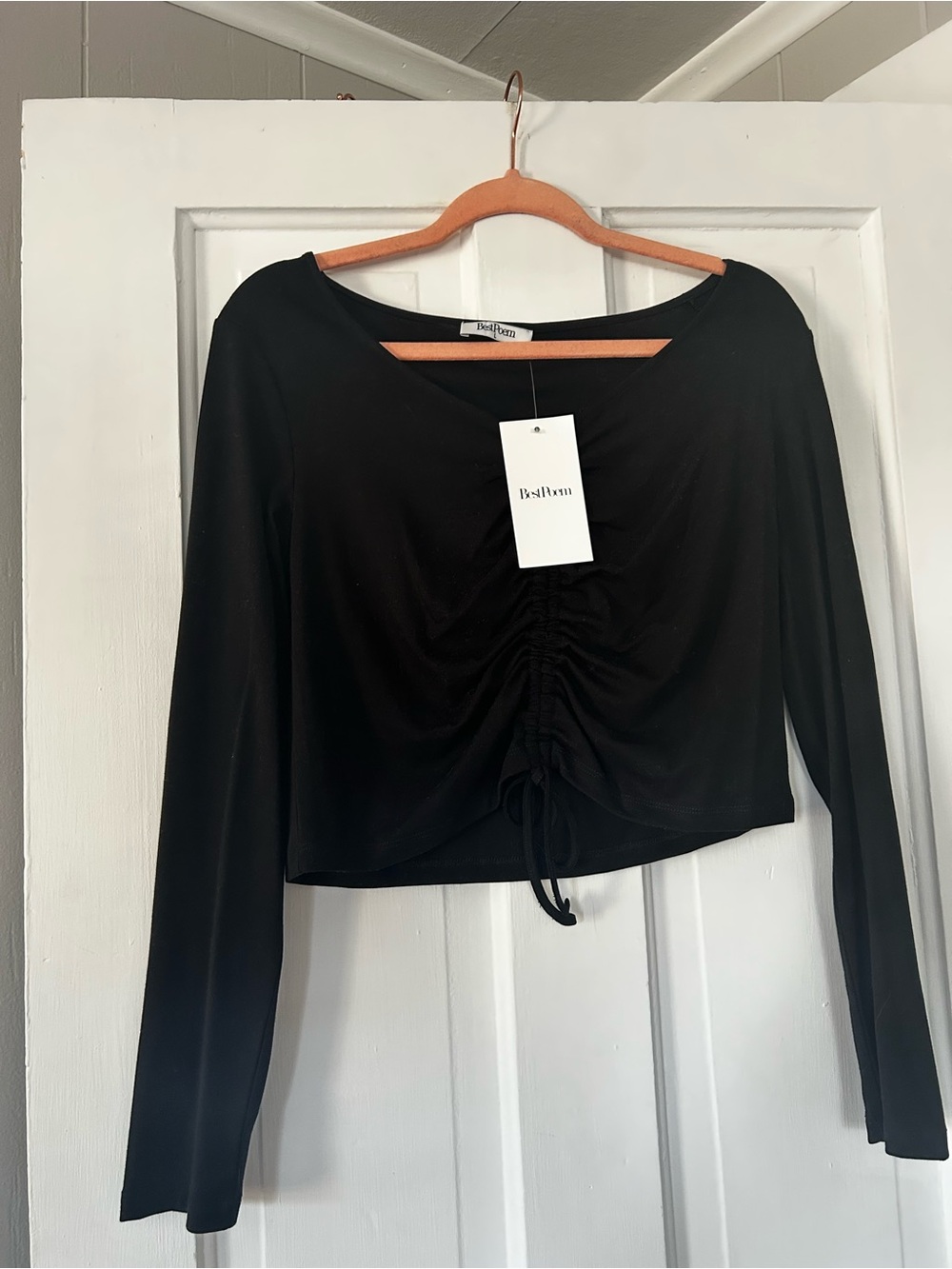 BestPoem (Amazon) Black Long-Sleeve Ruched Tie Front Crop Top